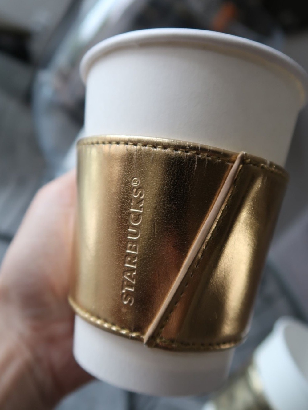 STARBUCKS faux leather coffee cup sleeve gold metallic OS